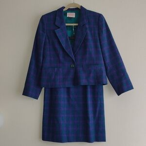 Vtg Pendleton Wool Pleated Tartan Plaid Wool Skirt Set Size 8 Purple Green Prep